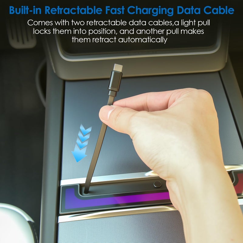 Arcoche USB Hub for Tesla Model Y Juniper 2025-2026 & Model 3 Highland 2024-2025, 120W USB-C Fast Charging with Retractable Cables, 2-Port Center Console Adapter with RGB Ambient Lighting - Image 4